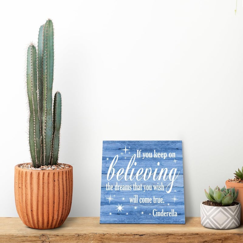SUSZDOU Nursery Decor, Inspirational Sign, Wood Plaque Table Art Sign 6.2*6.2inch, Princess Shelf Decor, Bedroom Decorate for Baby Girl, Cute Decorate, If You Keep On Believing The Dreams You Wish Will Come True D - Image 5